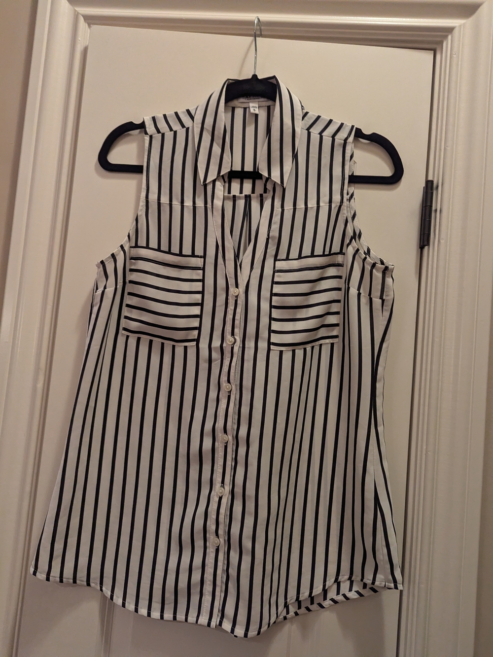 Express Women's Sleeveless Vertical Stripe Button-Down Shirt - White/Black